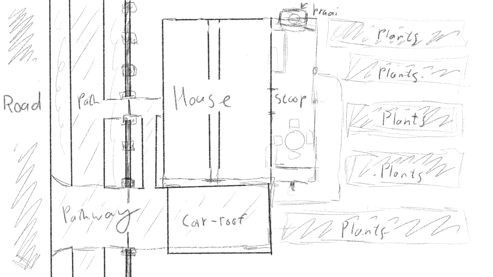 Hand-drawn top-down layout sketch of the yard: road, pathways, house, carport, stoep, braai and five vegetable beds