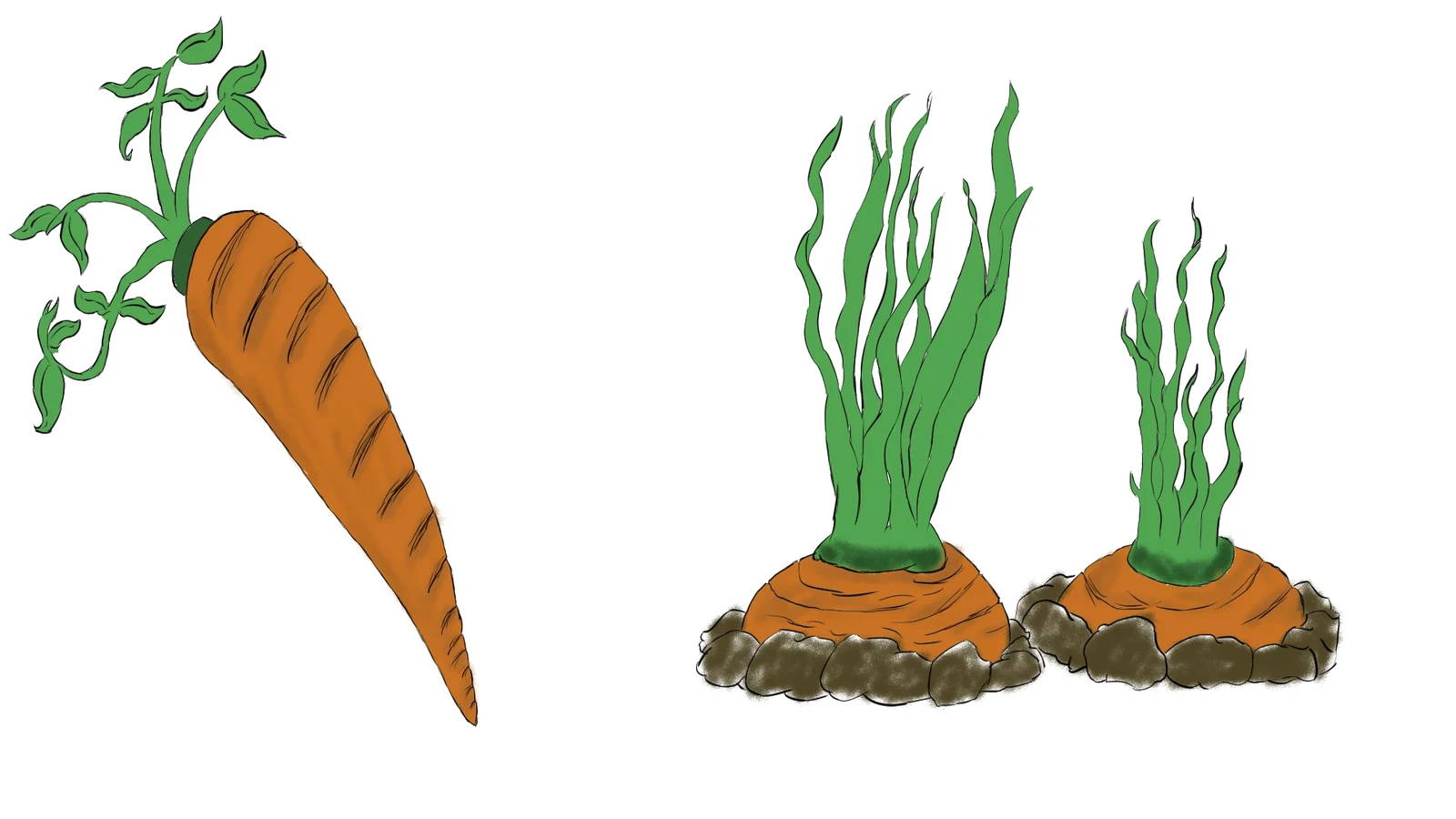 Concept art of a harvested carrot and two carrots growing in soil