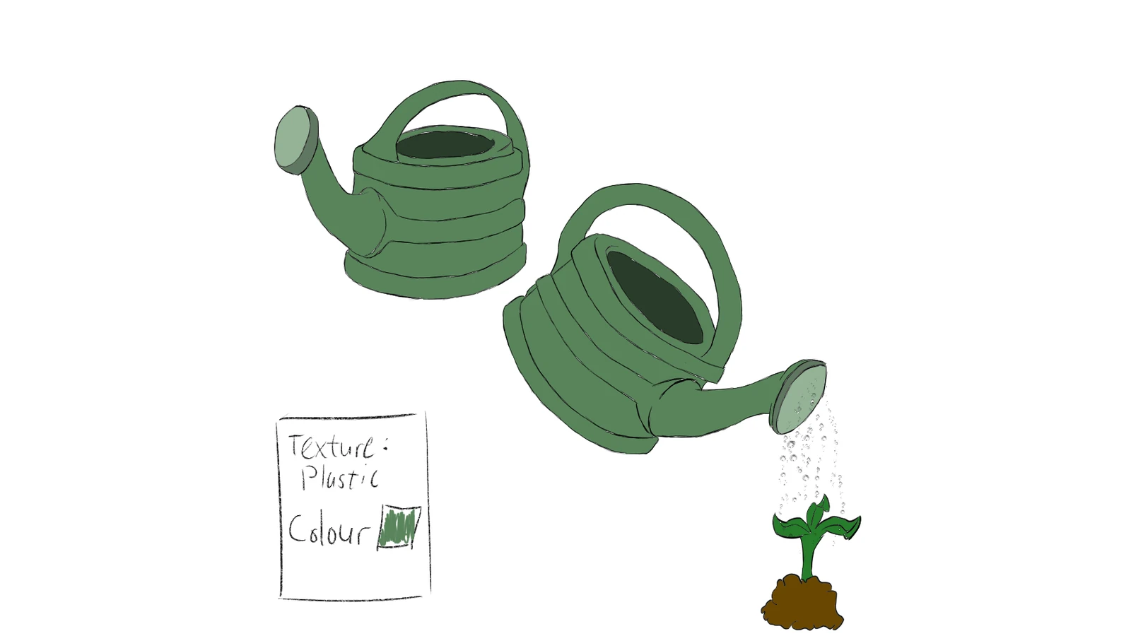 Concept art of a green plastic watering can from two angles, watering a seedling, with texture and colour notes