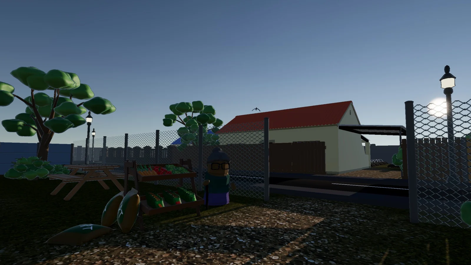 Garden Growers gameplay: an elderly woman beside a produce stall with seed packets and compost bags in a fenced yard at dusk