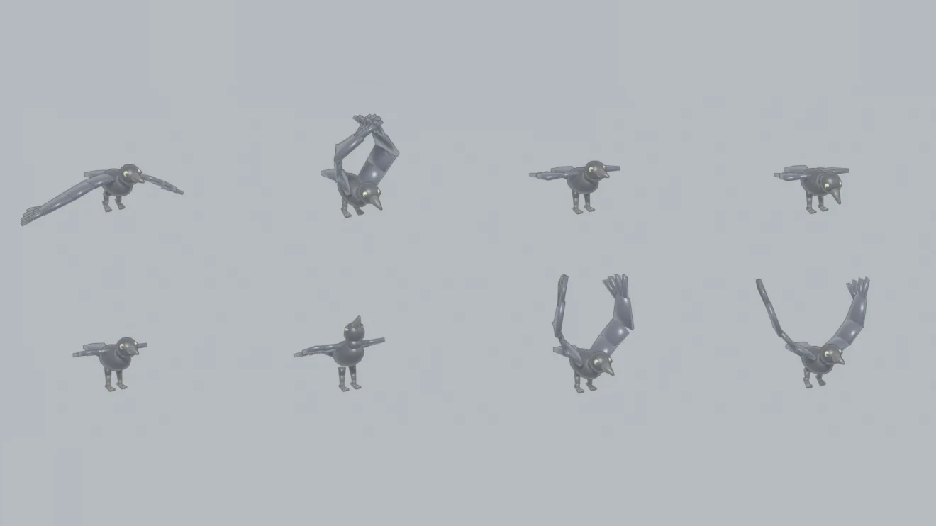Garden Growers asset: a crow model shown in eight poses, including flying, landing and a T-pose
