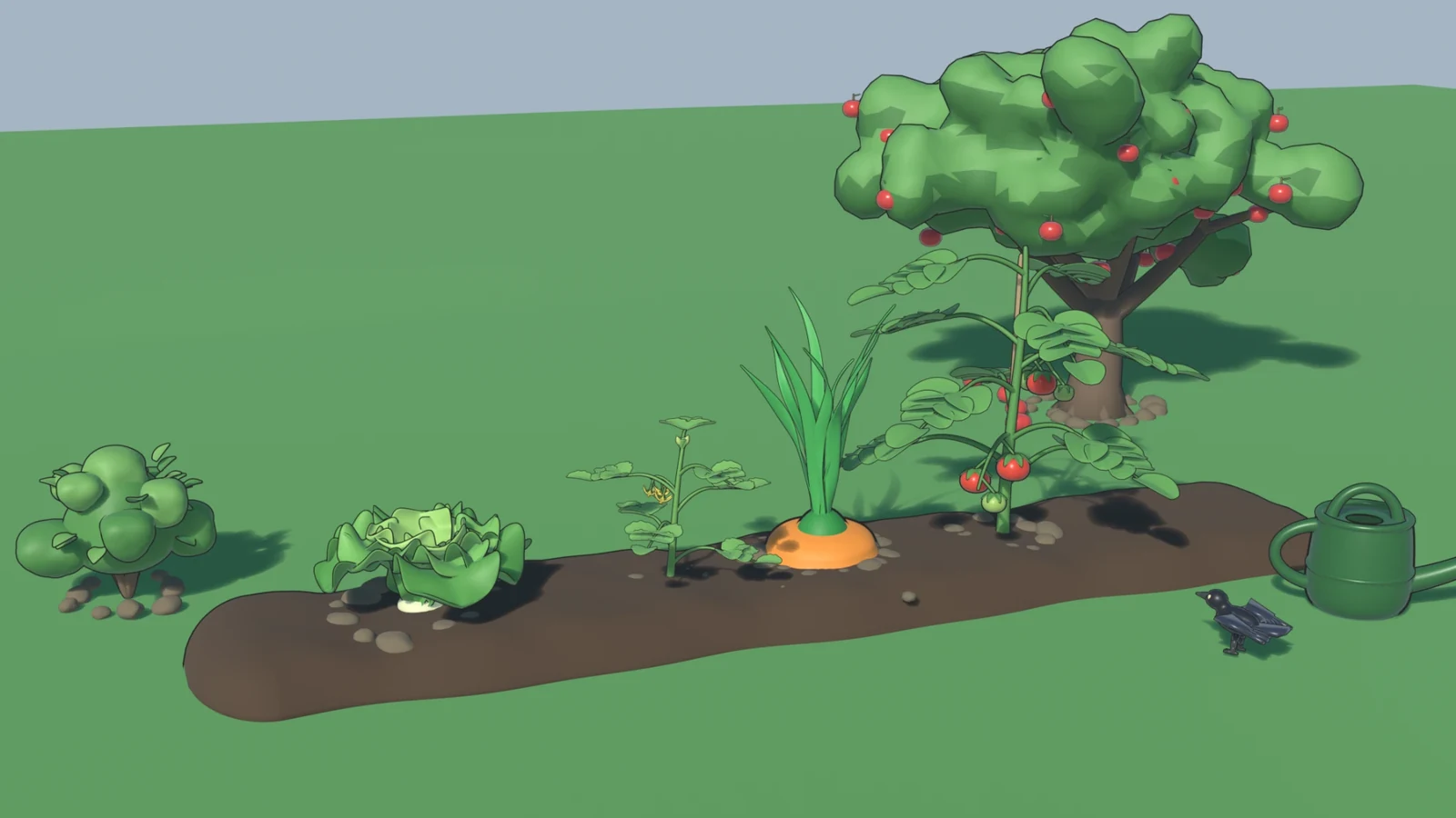 Garden Growers asset line-up: a bush, lettuce, young tomato plant, carrot, grown tomato plant and apple tree on a soil bed, with a crow and a watering can