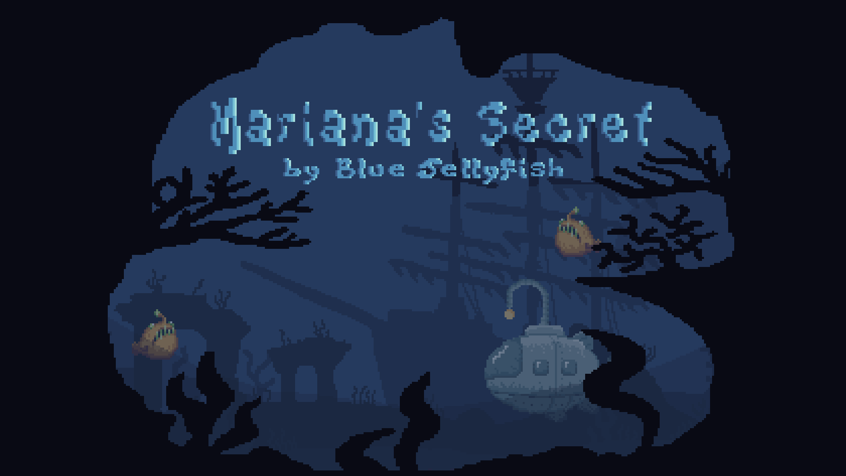 Mariana's Secret by Blue Jellyfish – cover art: the game's logo above a submarine, anglerfish and a sunken shipwreck in a dark blue underwater cave