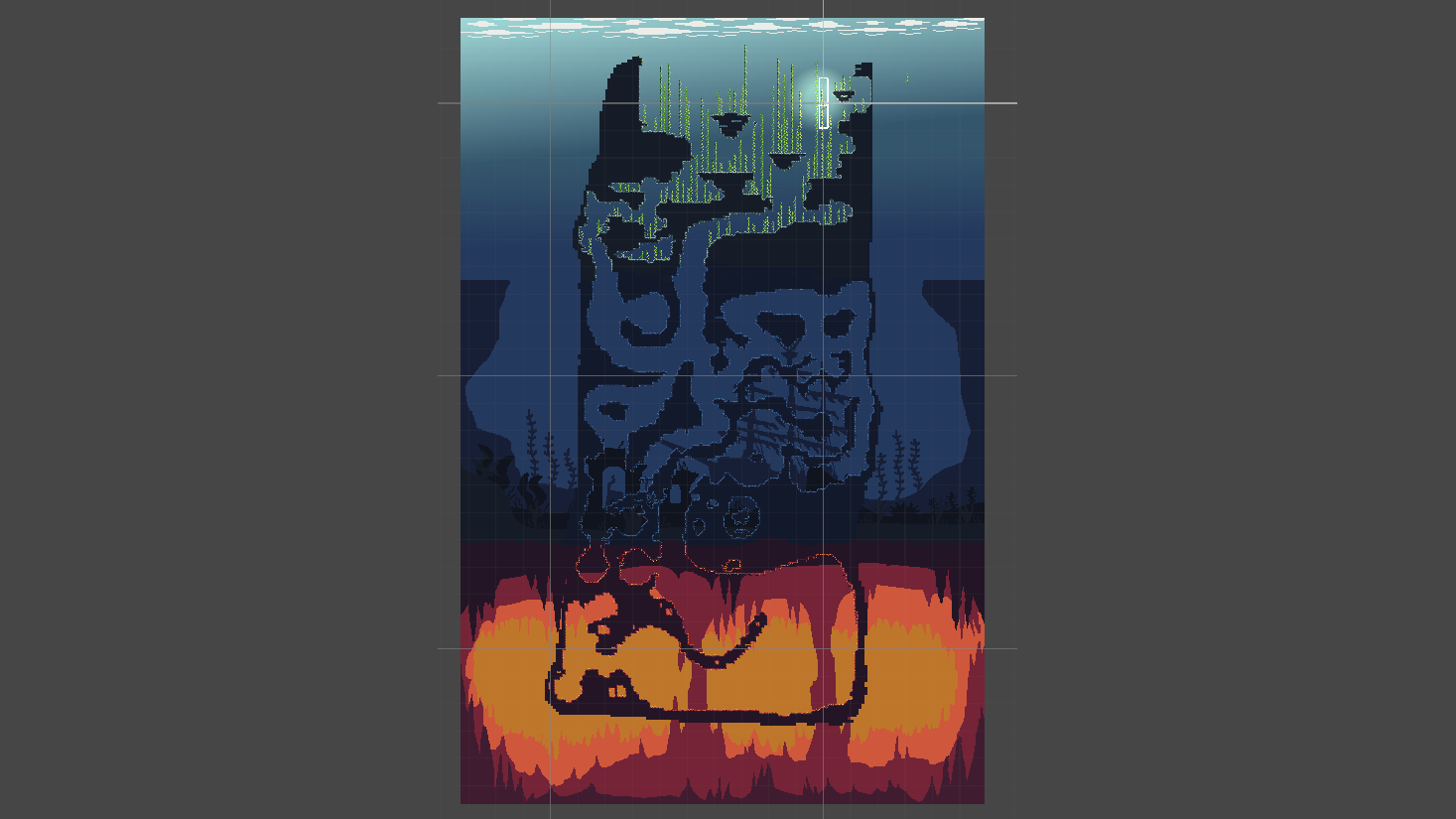The full level layout in the Unity editor: the ocean surface and kelp at the top, winding caves through the middle and the lava chamber at the bottom