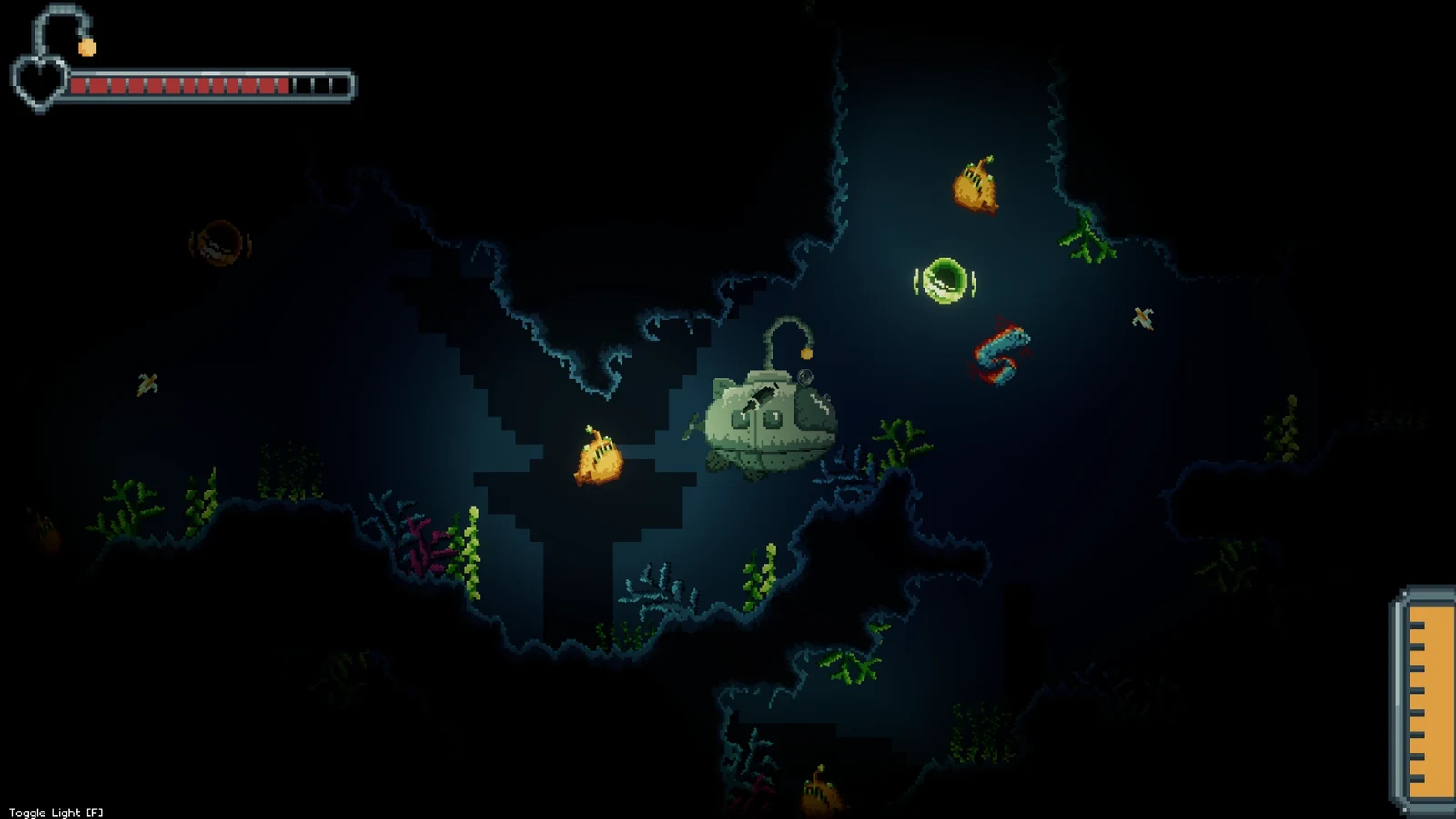 Mariana's Secret gameplay: a small submarine with an anglerfish-style lamp explores a dark underwater cave among glowing anglerfish, a sea serpent and seaweed