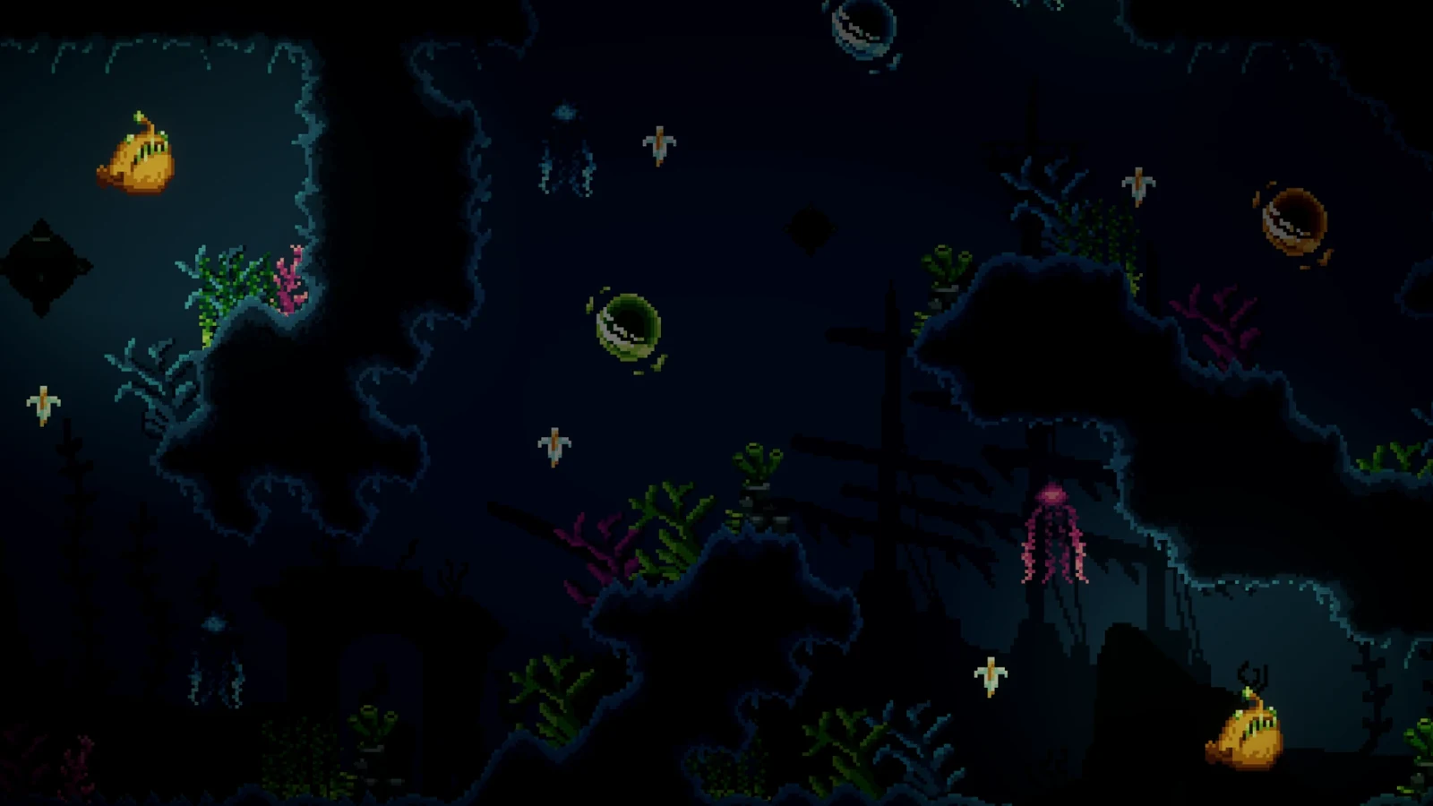 Mariana's Secret gameplay: a dark deep-sea cavern with anglerfish, a pink jellyfish, floating mines and coral