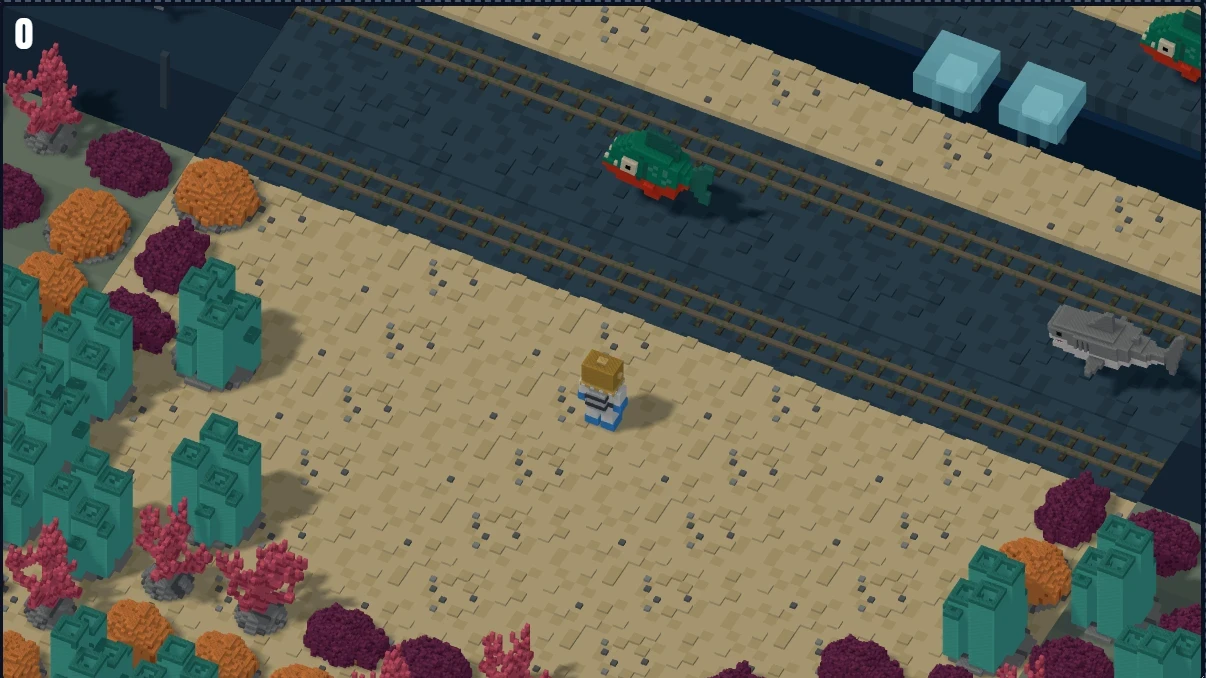 Coral Crossing gameplay: the diver character stands on a sandy lane between coral reefs as a piranha and a shark swim along the track ahead