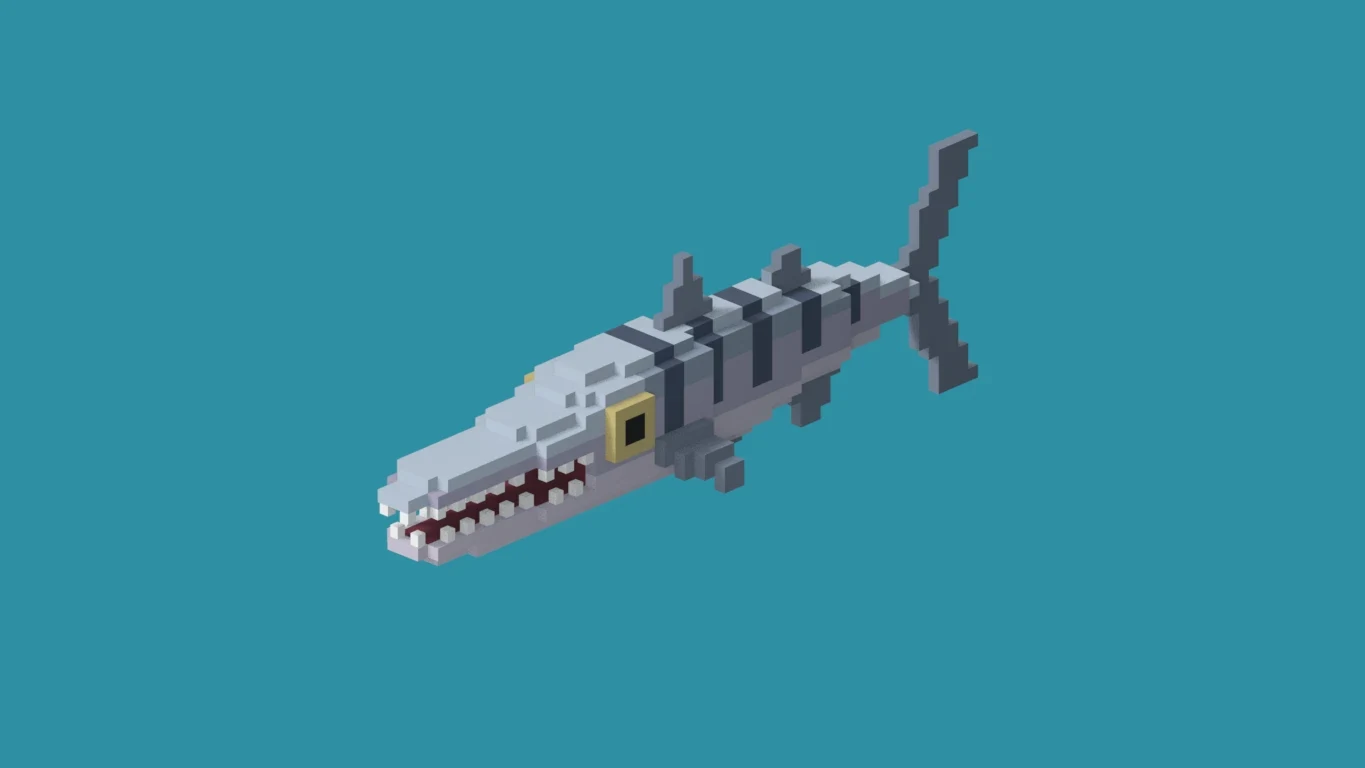 Coral Crossing: a voxel barracuda with dark stripes and rows of sharp teeth against teal water