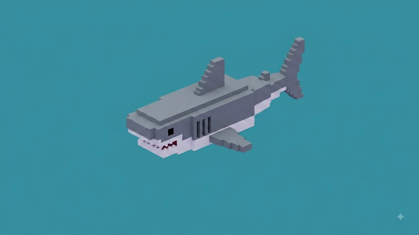 Coral Crossing: a voxel great white shark swimming against teal water