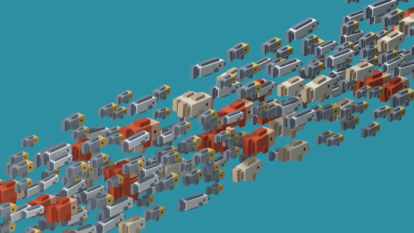 Coral Crossing: a huge shoal of blocky voxel fish streaming diagonally across teal water