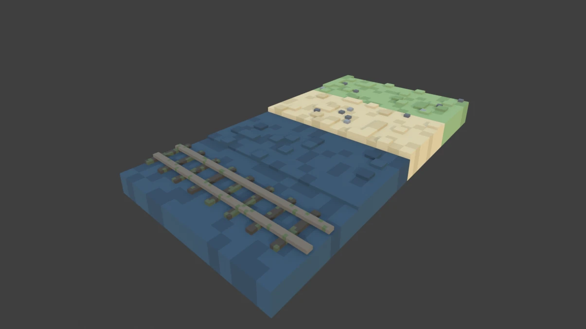 Coral Crossing level tiles: a voxel water lane with a track, a sand lane and a seagrass lane